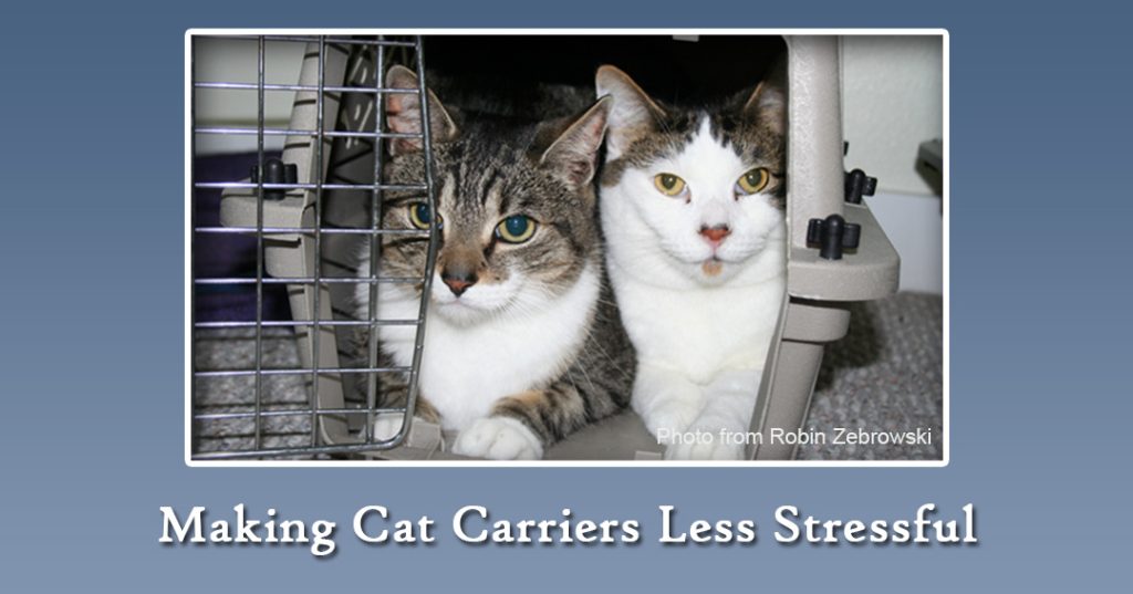 Two cats in a carrier with text "Making Cat Carriers Less Stressful" and "Photo from Robin Zebrowski"